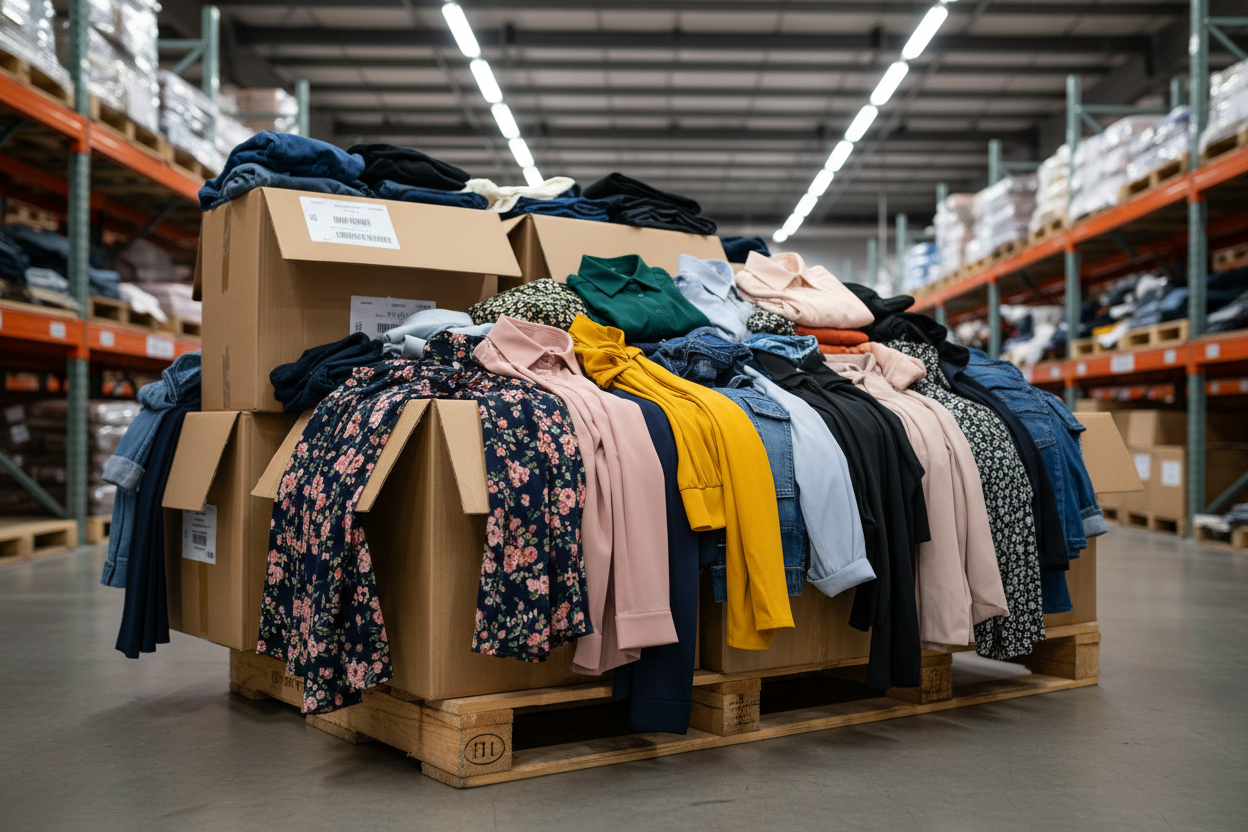 Womens clothing pallet with clothes inside of a box